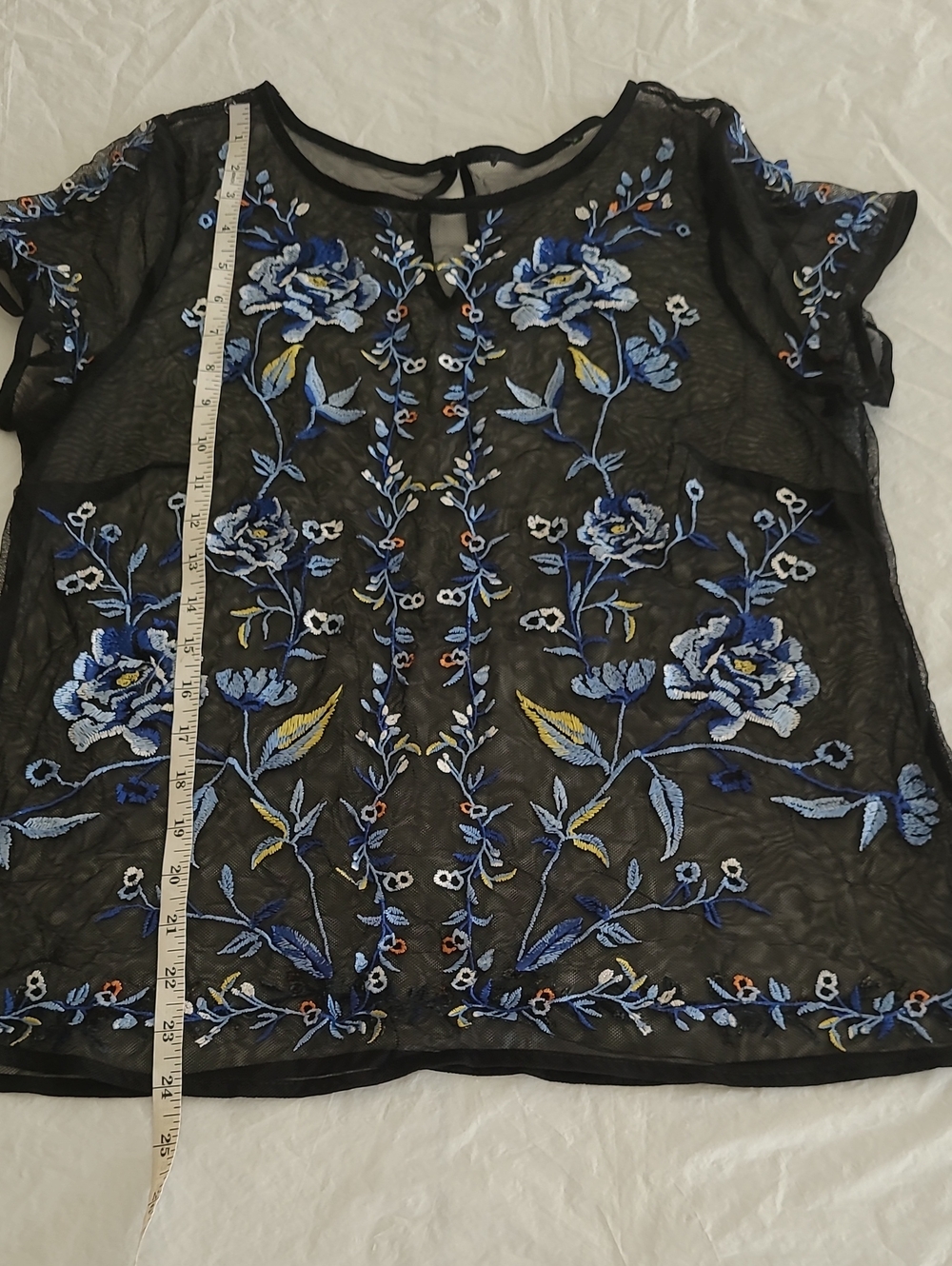 White House Black Market Sheer Black Blouse with Blue Floral Embroidery - Picture 9 of 10